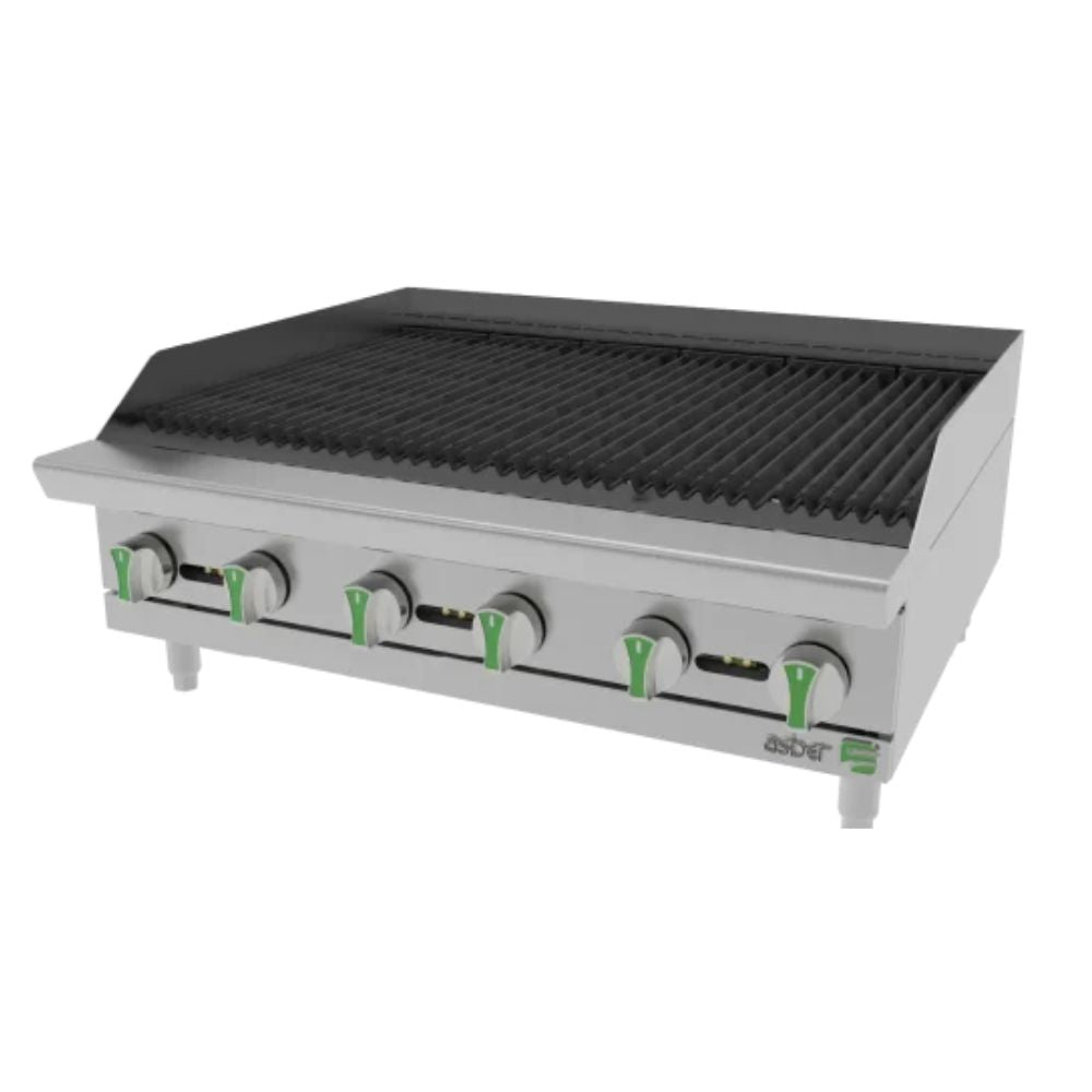 ASADOR ASBER AERB 36 EM | Gas | 6 Quemadores | Acero Inoxidable | Restaurante Cafetería Cocina Industrial Comedor Grill Cortes Cenaduría Hotel | Respaldo Charola Quemador Parilla Restaurante Niveladores Empotrar Base Comedor Uso Rudo Acero Inoxidable Grill Alimento Cocción Preparación Cortes Hotel Cenaduría Cocina Económica Radiante Gourmet