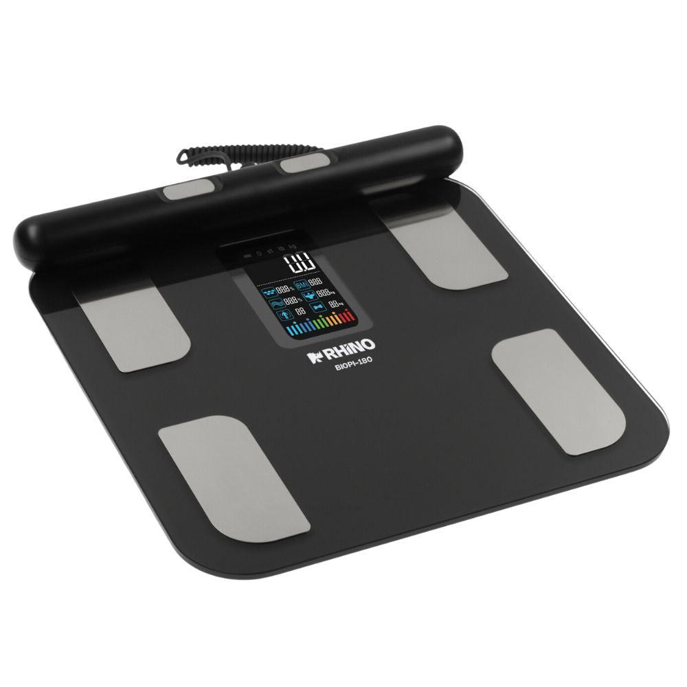 BÁSCULA RHINO BIOPI-180 Báscula Inteligente de Pesaje Corporal 180 Kg 8 Electrodos Batería Recargable Gimnasio Consultorio Clinica Báscula Digital Báscula de Precisión Medición de Peso Corporal Control de Peso Báscula Inteligente Monitoreo de Peso Báscula con Bluetooth Peso Corporal Exacto Báscula Electrónica Análisis de Peso Báscula de Baño Báscula con Sensores Medición Avanzada de Peso Seguimiento de Peso Báscula con Pantalla LCD