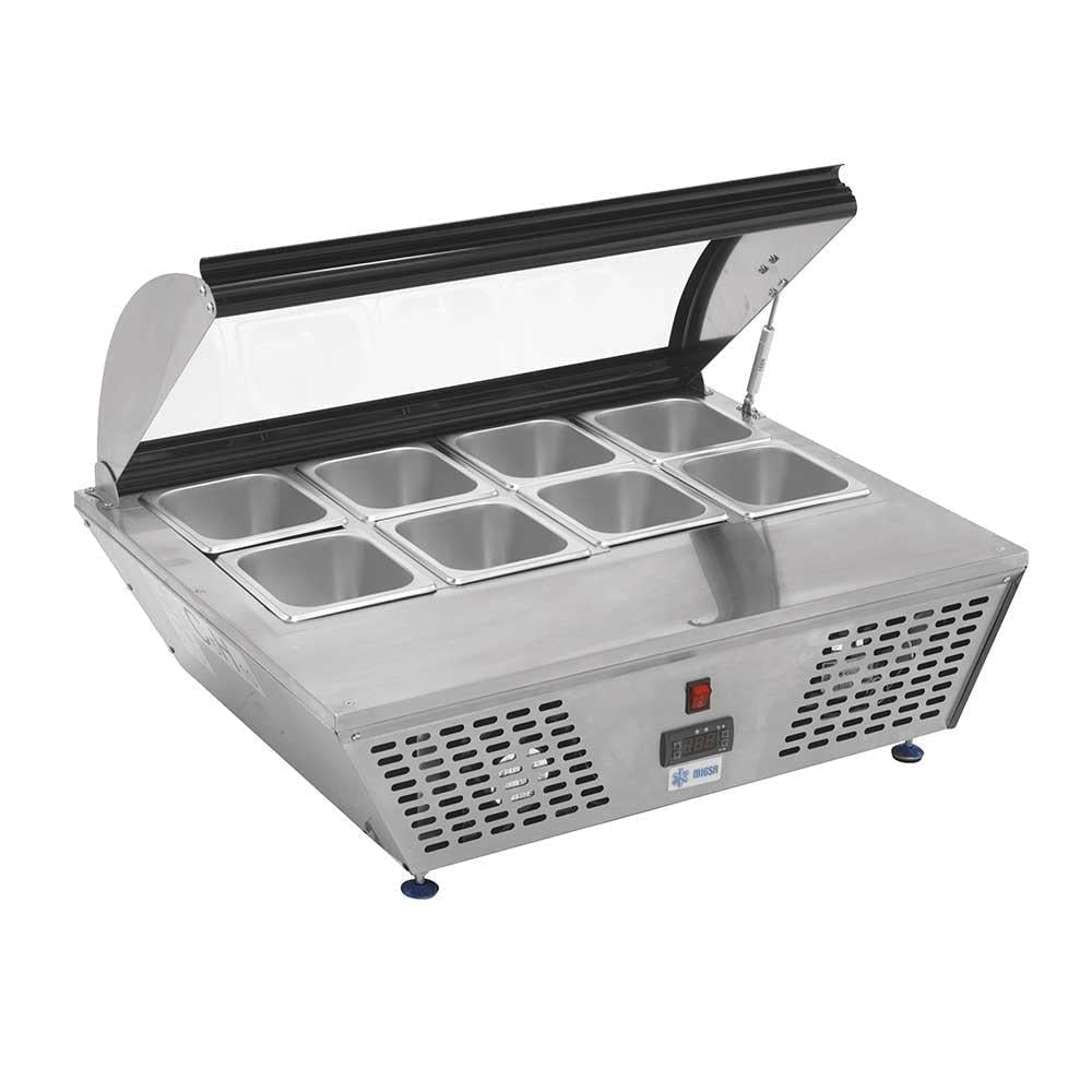 BASE REFRIGERADA MIGSA RTW-67L | Base Refrigerada 8 Insertos | Tapa Cristal Abatible | Acero Inoxidable | Restaurante Buffet Cafetería | Hotel Servicio Banquetes Catering Hostelería Pastelería Cocina Profesional Industria Gastronómica Equipo Refrigeración Autocontenido