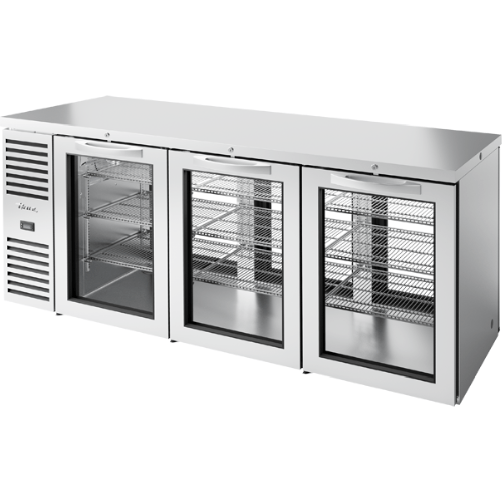 TRUE TBR84-PTSZ1-LS-GGG-GGG-1 Refrigerated Counter | Refrigerated Counter | 3 Glass Doors | Stainless Steel | for Beer Cans Bar