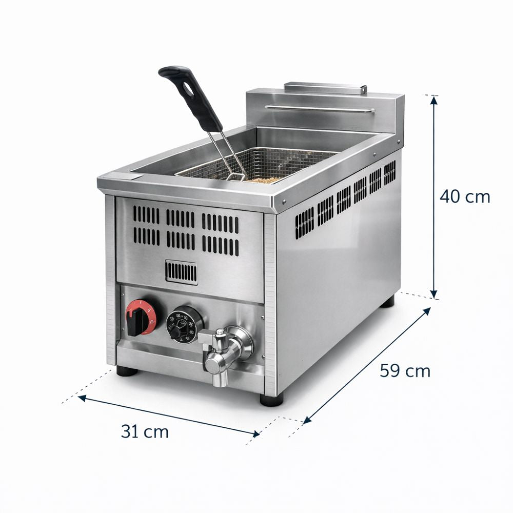 FREIDORA KINGSTAR FK1G | Freidora | Gas | 1 Canastilla | Con Termostato y Tina Zona Fria | Restaurante Comida Rápida | Freidora de Papas Industrial Comercial Gas Eléctrica Papas a la Francesa Pollo Frito Alitas Salchipulpos Acero Inoxidable Restaurante Cocina Económica Fonda Negocio