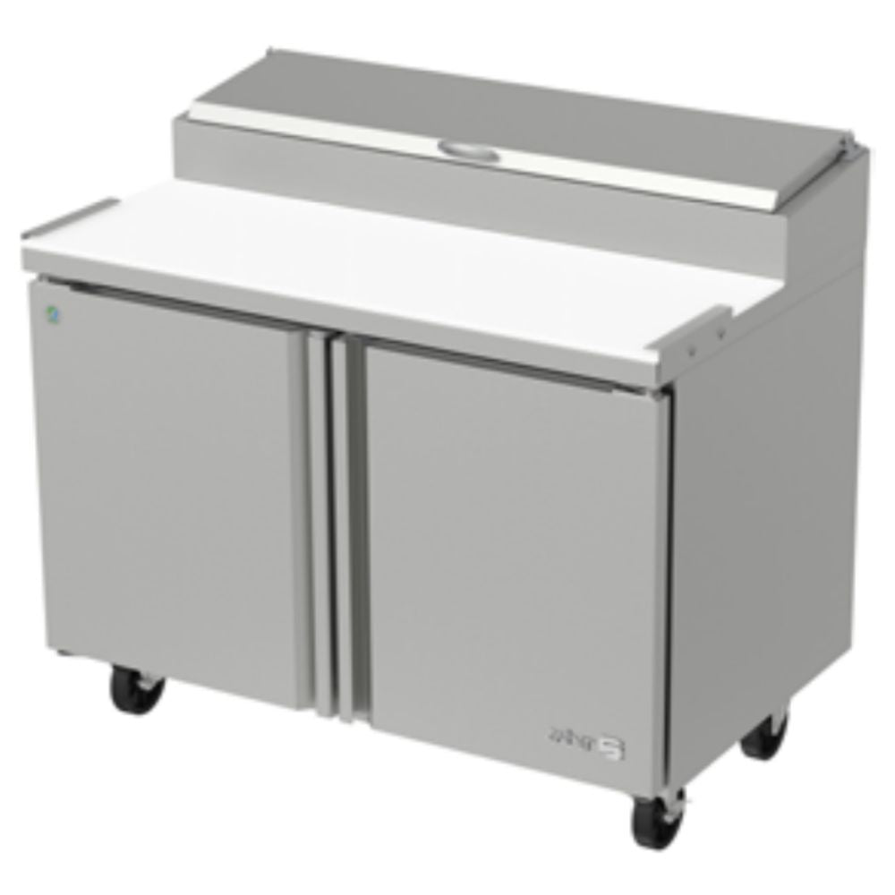MESA REFRIGERADA ASBER APTP-48 HC | Mesa Refrigerada | 2 Puertas | 2 Parrillas | Acero Inoxidable | 13.3 Pies Cúbicos | Restaurante Cafetería Negocio | Cocina Industrial Alimentos Comedor Preparación Pizzas 4" de profundidad Tabla de corte Reversible de 18" Ingredientes Frescos Fríos Conservados Duradero Duraderos Frío
