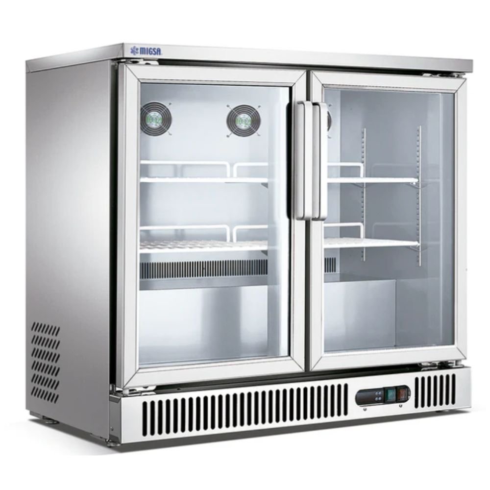 MIGSA SG250 | Refrigerador | Industrial Cocina Carnicería Abarrotes | Refrigerador Back Bar Bajo Barra | 2 Puertas Cristal | 250 Litros | Acero Inoxidable | Cremería Comercios Insumos Hotel Panadería Refresquero Latas Bar Tiendas Bistró Restaurante Lácteos Industrial Cocina Carnicería Abarrotes