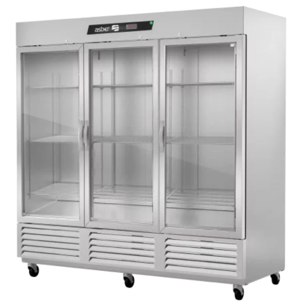 REFRIGERADOR ASBER ARR-72-G-H HC | Refrigerador Vertical | 3 Puertas Cristal | Acero Inoxidable | 9 Parrillas | Eléctrico | Hotel Carnicería Abarrotes | Restaurante Lácteos Industrial Cocina Cremería Comercios Insumos Hotel Panadería Refresquero Latas Bar Tiendas Bistró Carnicería Abarrotes