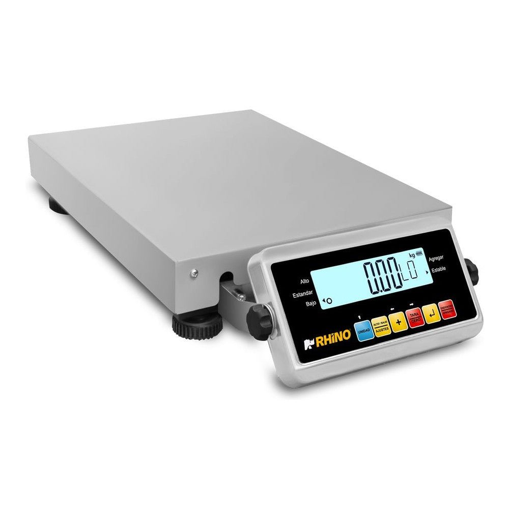 Báscula Rhino BAPAQUE-150, capacidad máxima 150 kg, en acero inoxidable.