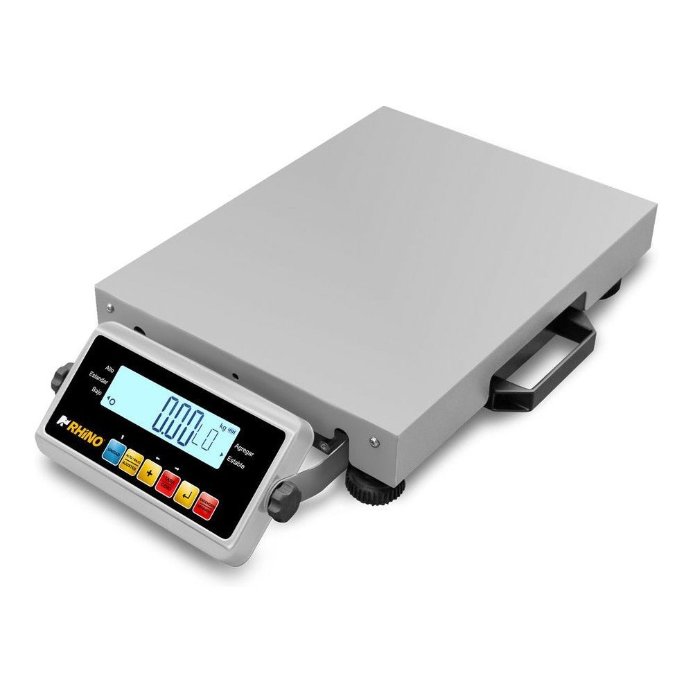 Báscula Rhino BAPAQUE-150, capacidad máxima 150 kg, en acero inoxidable.