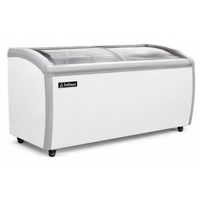 Congelador Icehaus CHPC-460, puerta de cristal curva.