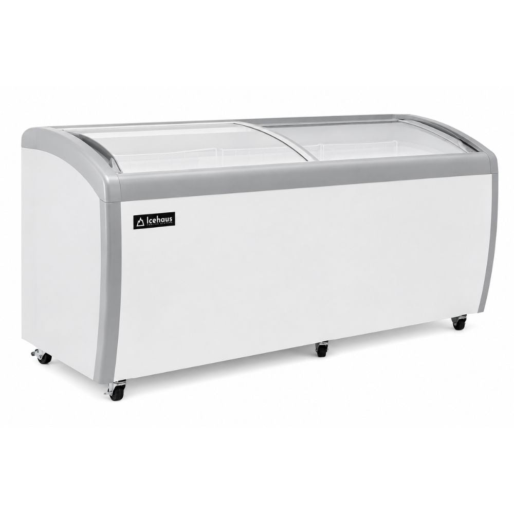 Congelador Icehaus CHPC-560, puerta de cristal curva.