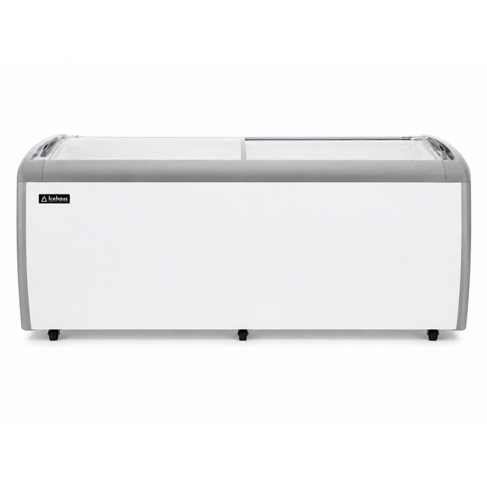 Congelador Icehaus CHPC-560, puerta de cristal curva.