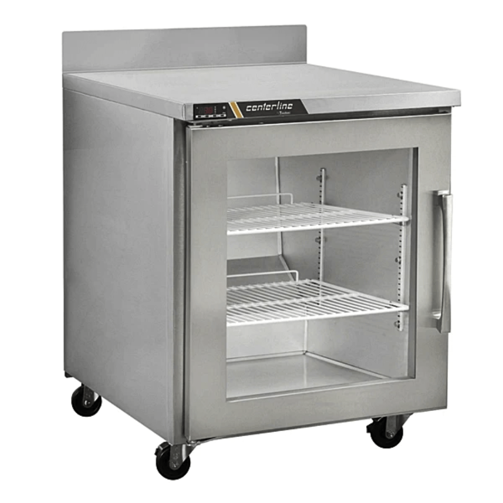 Refrigerador Centerline CLUC-27R-GD-L, refrigerador bajo barra, en acero inoxidable.