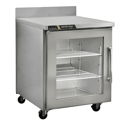 Refrigerador Centerline CLUC-27R-GD-L, refrigerador bajo barra, en acero inoxidable.