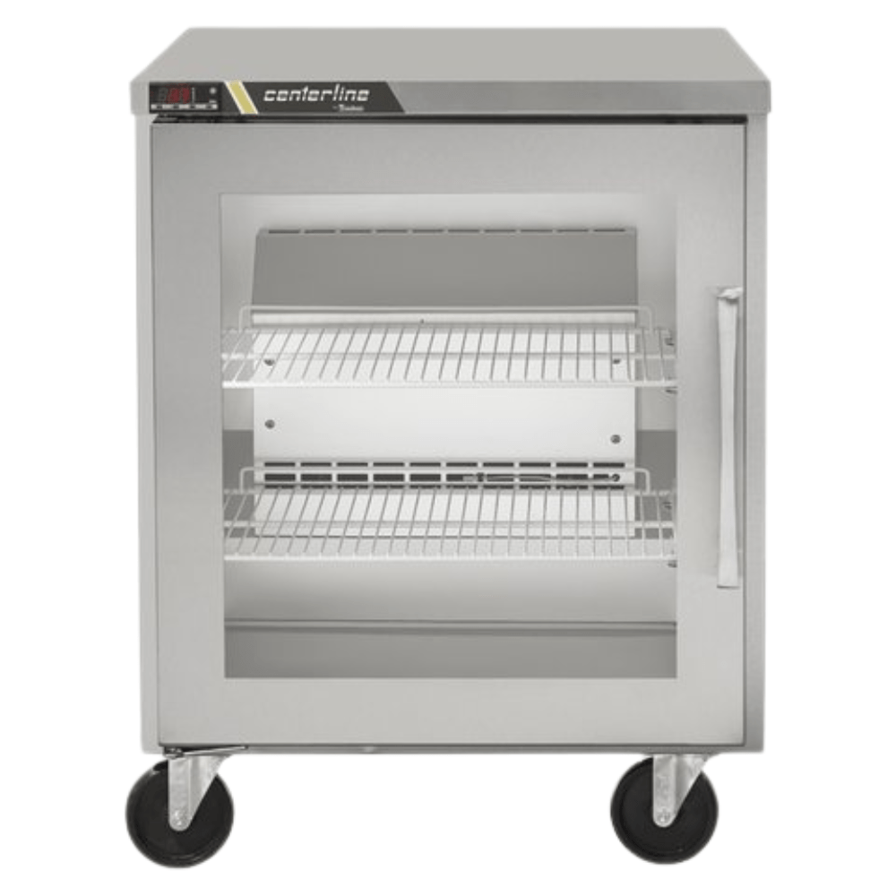 Refrigerador Centerline CLUC-27R-GD-L, refrigerador bajo barra, en acero inoxidable.