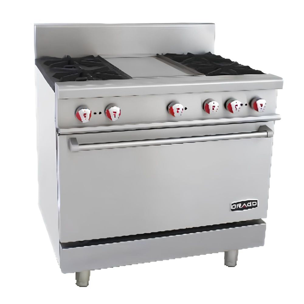 DRAGO  CG-41P | Estufa |  Restaurante Hotel Comedor Industrial  | 4 Quemadores | Horno Plancha |  Gas | Acero Inoxidable | Restaurante Comedor Industrial Hotelería Hospital Cafetería Estufa Multifuncional  Uso Rudo Alta Cocina Bar Selecto Negocios de Comida Comisariato Cortes