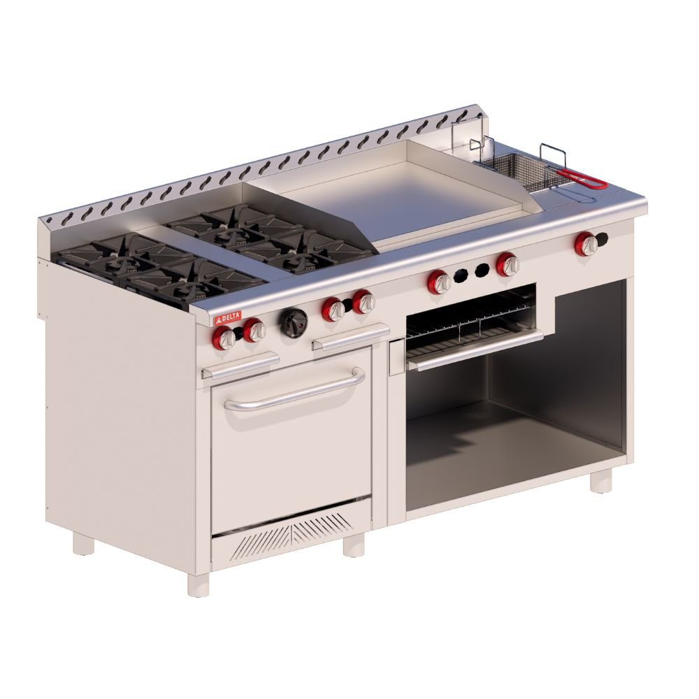ESTUFA DELTA EM-H-C | Estufa | 4 Quemadores | Asador Freidor Gratinador Plancha Horno | Gas | Charola Cata Escurrimientos | Restaurante Hotel Comedor | Cafeteria Bar Emprendedor Alimentos Chef Food and Beverage Negocios Comida Preparación