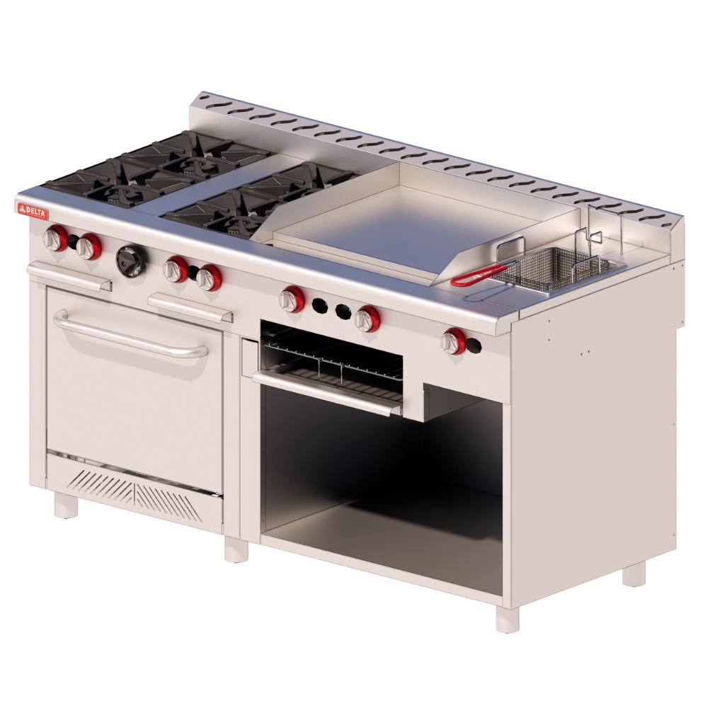 ESTUFA DELTA EM-H-C | Estufa | 4 Quemadores | Asador Freidor Gratinador Plancha Horno | Gas | Charola Cata Escurrimientos | Restaurante Hotel Comedor | Cafeteria Bar Emprendedor Alimentos Chef Food and Beverage Negocios Comida Preparación
