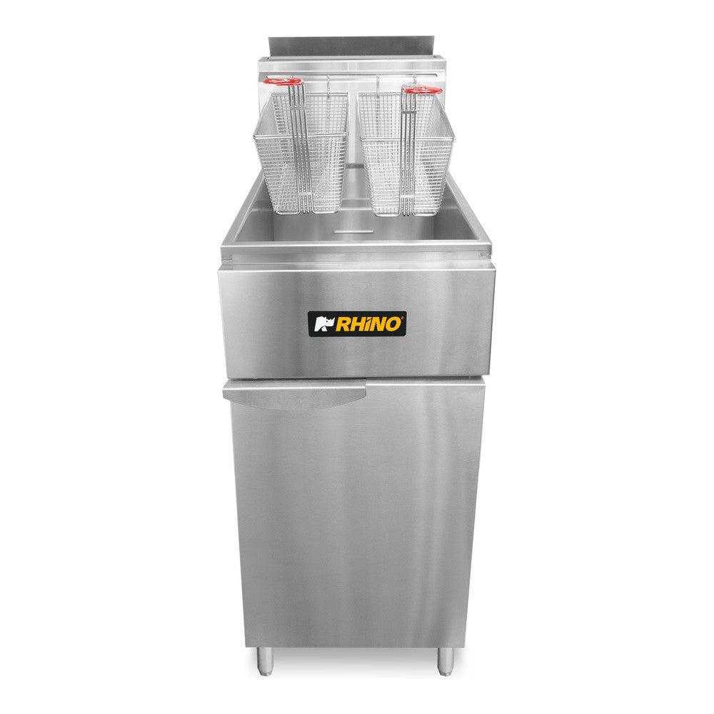 FREIDOR RHINO FREI-22LP | Freidora a Gas LP | Capacidad 22 L | 3 Quemadores y 2 Canastillas | Acero Inoxidable | Restaurante Cocina Industrial