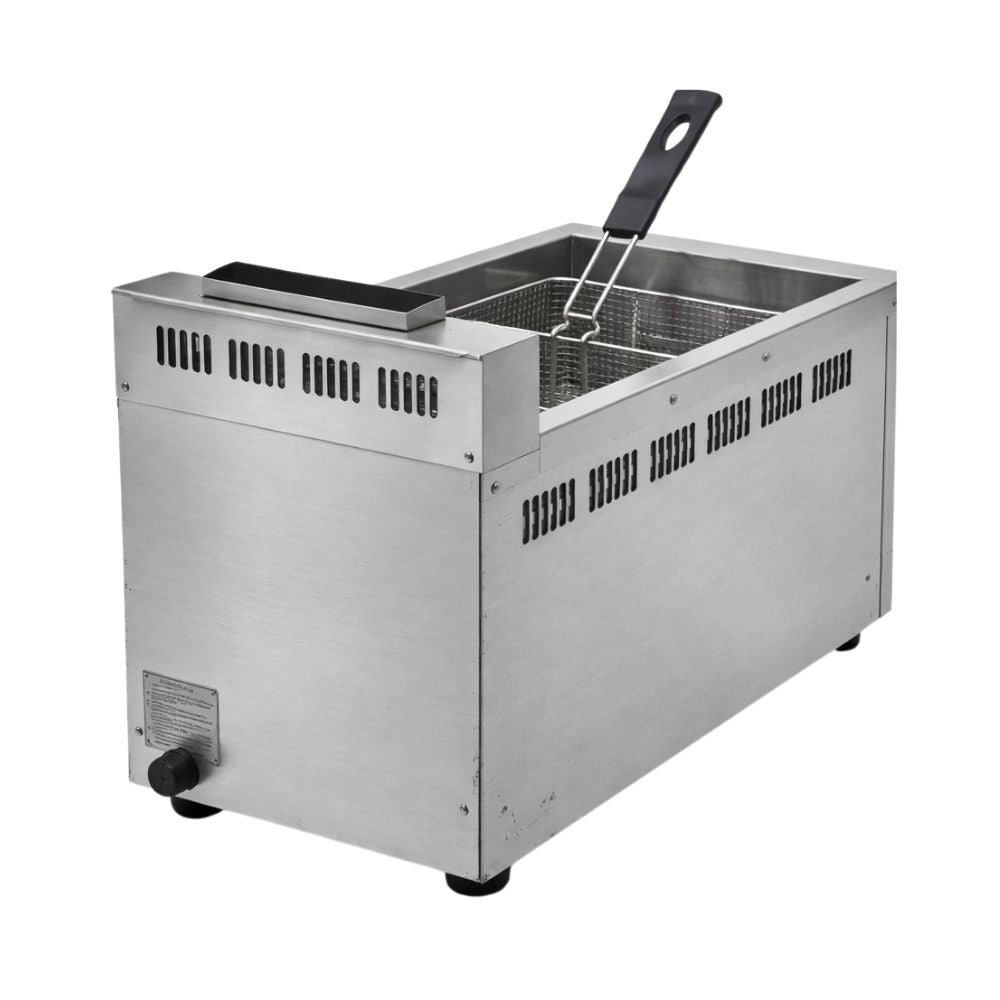 FREIDORA KINGSTAR FK1G | Freidora | Gas | 1 Canastilla | Con Termostato y Tina Zona Fria | Restaurante Comida Rápida | Freidora de Papas Industrial Comercial Gas Eléctrica Papas a la Francesa Pollo Frito Alitas Salchipulpos Acero Inoxidable Restaurante Cocina Económica Fonda Negocio