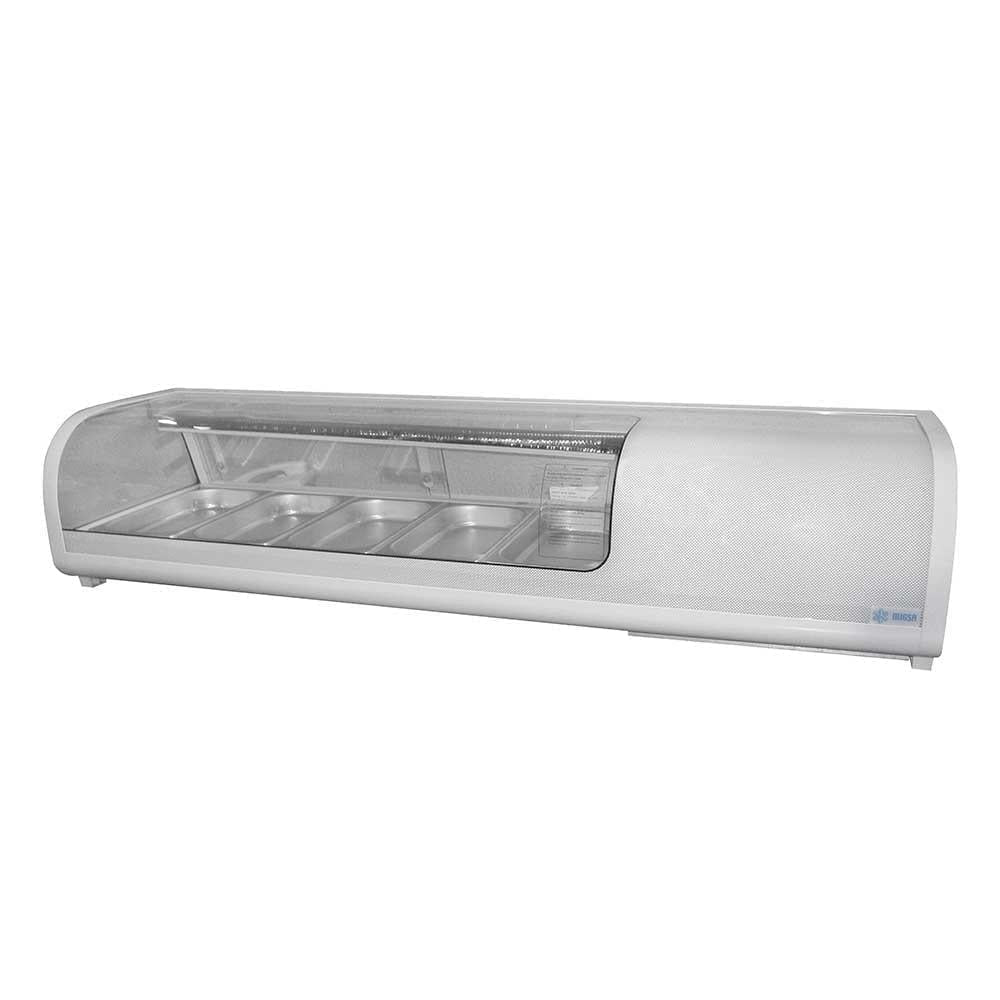 Vitrina refrigerada para sushi Migsa RTS-52L sobre mostrador, cristal curvo, frente de 135.2 cm, 52 litros, color blanco.