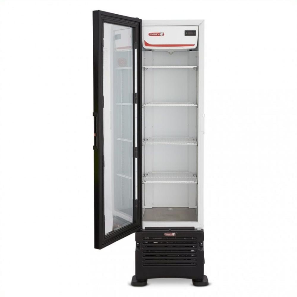 Torrey VR08 TVC08 Refrigerador Enfriador Vertical 1 Puerta Cristal 4 Parrillas Cuerpo Gabinete Exterior Blanco Negro - Refrigeradores - Torrey - KitchenMax Store