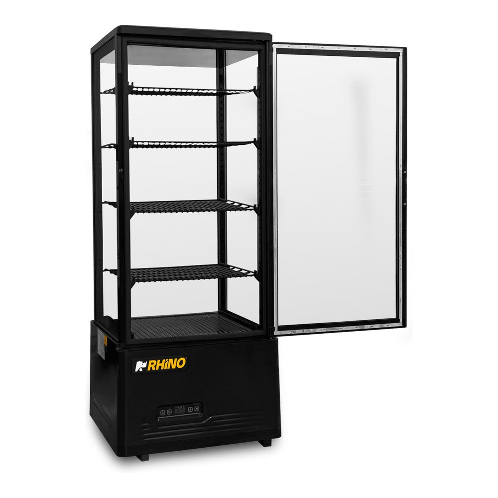 VITRINA REFRIGERADA RHINO VIVEPA-4 | Vitrina Refrigerada Vertical Panorámica | Capacidad 100 L | 4 Lados de Vidrio | Cafetería Pastelería Tienda